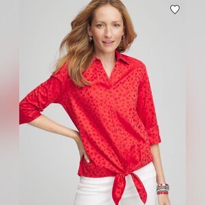 Chico’s No Iron Collared Shirt Top Size 00 US 2 Botton Tie Front 3/4 Sleeve Red